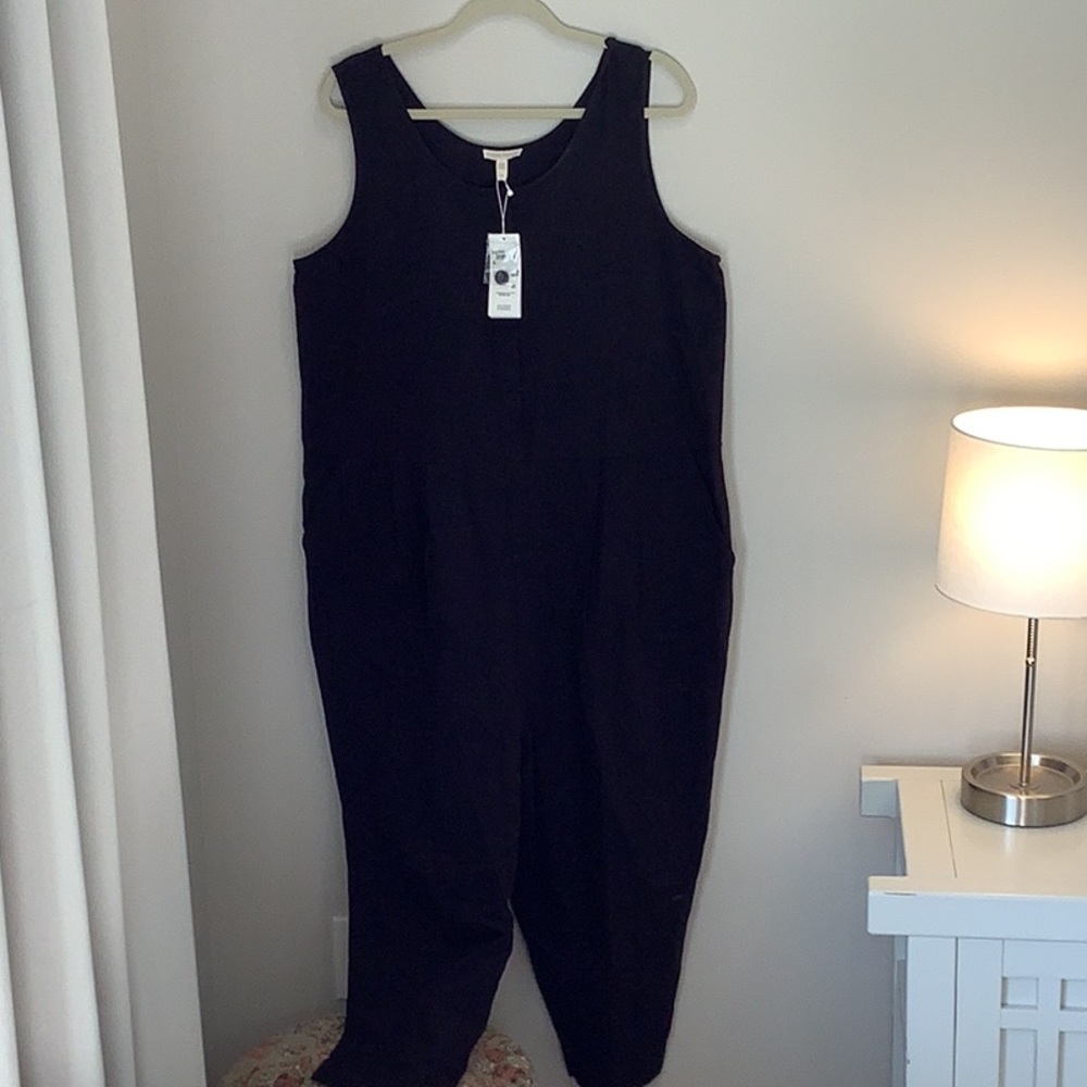 Eileen Fisher Organic Cotton Crepe black jumpsuit button top nursing minimalist